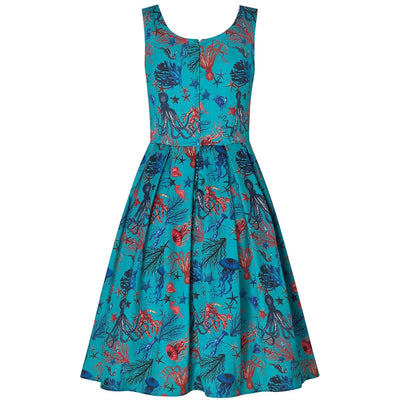 Amanda Aquarium Sea Life Print Flared Dress in Blue-Red