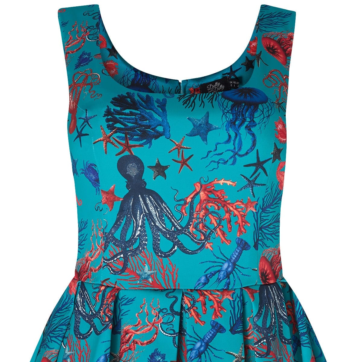 Amanda Aquarium Sea Life Print Flared Dress in Blue-Red