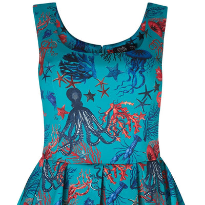 Amanda Aquarium Sea Life Print Flared Dress in Blue-Red
