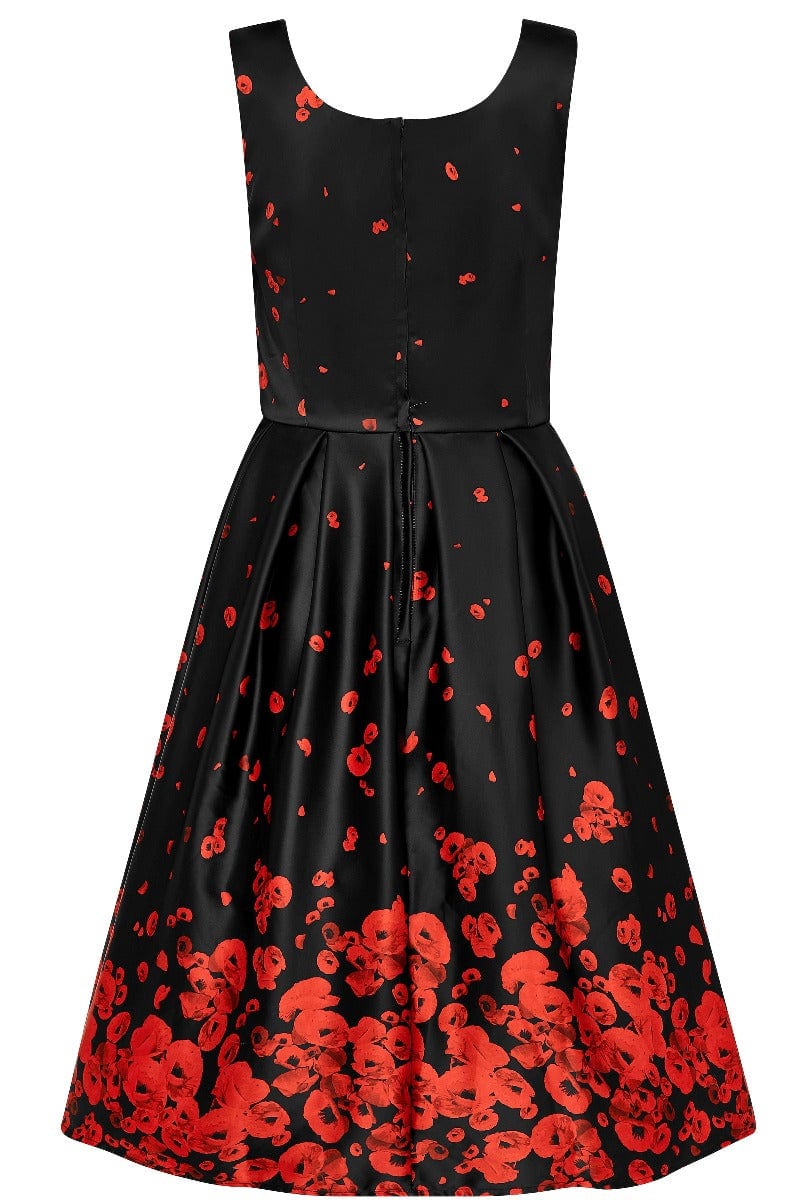 Amanda Vintage Inspired Raising Poppy Flowers Print Satin Dress in Black & Red