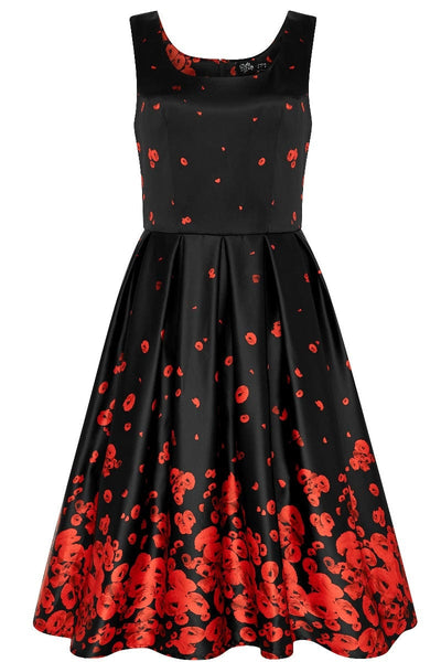 Amanda Vintage Inspired Raising Poppy Flowers Print Satin Dress in Black & Red