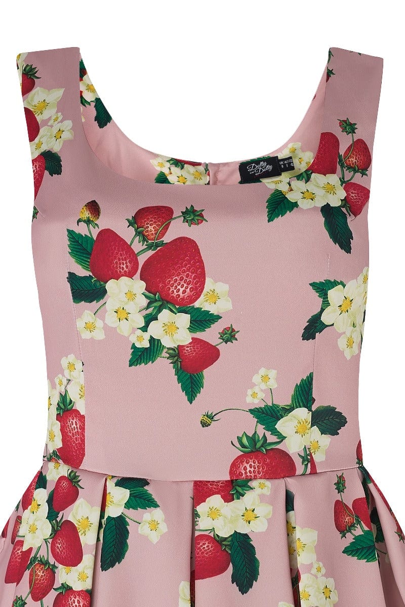 Amanda Strawberry Print Scoop Neck Dress in Pale Pink