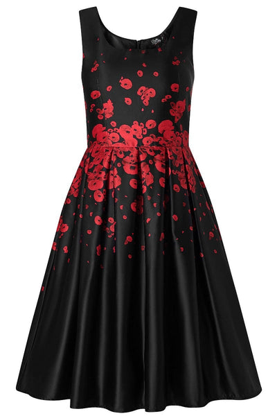 Amanda Vintage Inspired Middle Poppy Print Dress in Black with Hidden Pockets & a Scoop Neckline