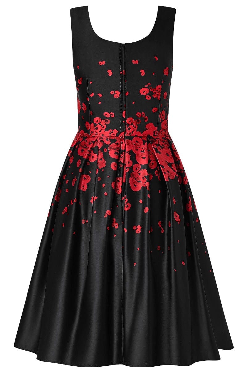 Amanda Vintage Inspired Middle Poppy Print Dress in Black with Hidden Pockets & a Scoop Neckline