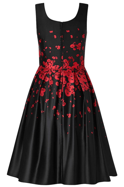 Amanda Vintage Inspired Middle Poppy Print Dress in Black with Hidden Pockets & a Scoop Neckline