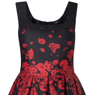 Amanda Vintage Inspired Middle Poppy Print Dress in Black with Hidden Pockets & a Scoop Neckline