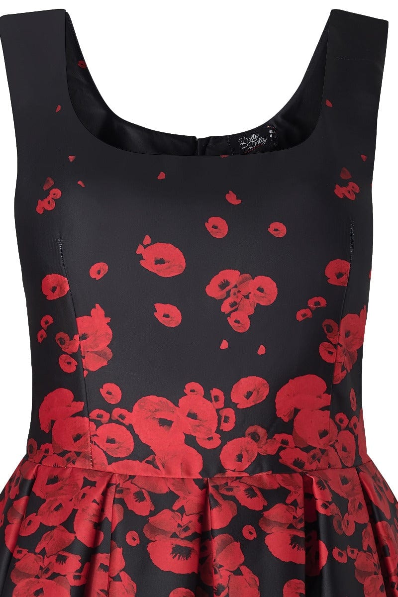 Amanda Vintage Inspired Middle Poppy Print Dress in Black with Hidden Pockets & a Scoop Neckline