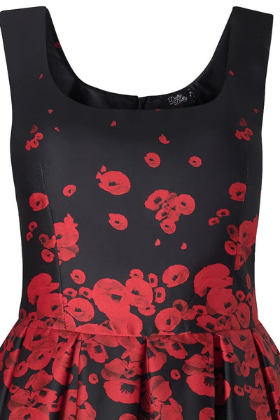 Amanda Vintage Inspired Middle Poppy Print Dress in Black with Hidden Pockets & a Scoop Neckline