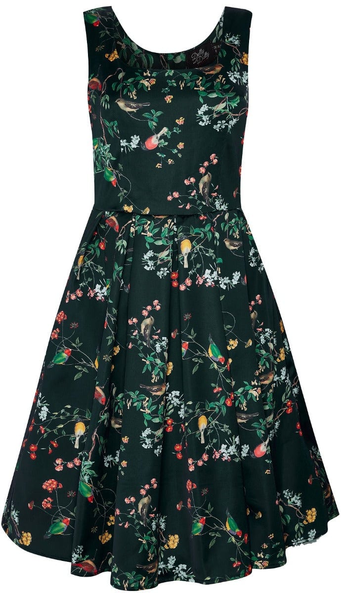 Amanda 50s Inspired Flared Swing Dress Black Birds & Leaves