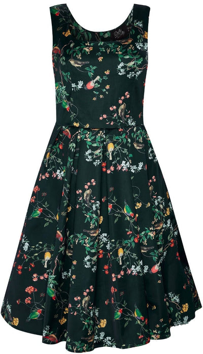 Amanda 50s Inspired Flared Swing Dress Black Birds & Leaves