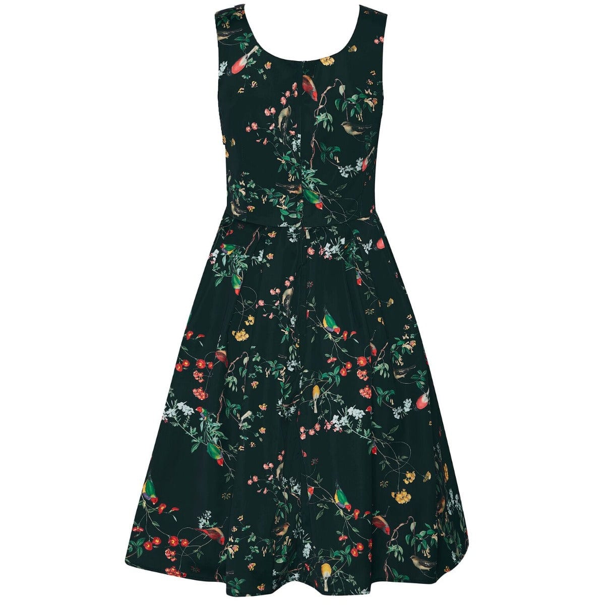 Amanda 50s Inspired Flared Swing Dress Black Birds & Leaves