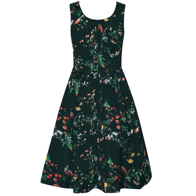 Amanda 50s Inspired Flared Swing Dress Black Birds & Leaves