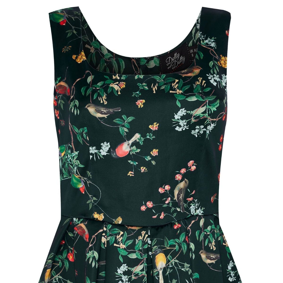 Amanda 50s Inspired Flared Swing Dress Black Birds & Leaves
