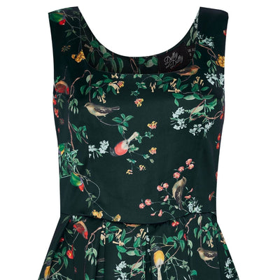 Amanda 50s Inspired Flared Swing Dress Black Birds & Leaves