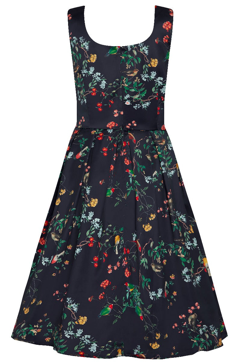 Amanda 50s Inspired Swing Dress Navy Birds & Flower Print