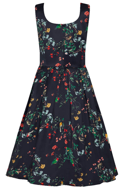Amanda 50s Inspired Swing Dress Navy Birds & Flower Print