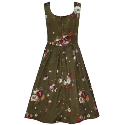 Gorgeous Amanda 50s Inspired Artichoke Green Swing Dress with Floral Print