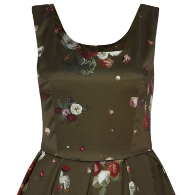 Gorgeous Amanda 50s Inspired Artichoke Green Swing Dress with Floral Print