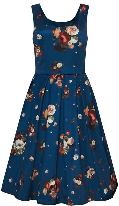 Gorgeous Amanda 50s Inspired Navy Blue Swing Dress with Red and White Flowers
