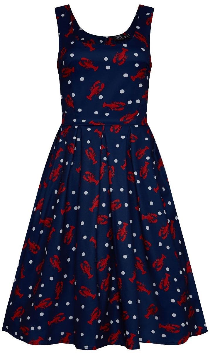 Gorgeous Amanda 50s Inspired Navy Swing Dress with Red Lobsters and White Dots