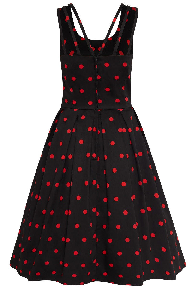 EUC Amanda Flared Dress Sexy Back Straps - Black & Red Polka