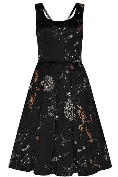 Patricia Classic Flared 1950s Inspired Dress Black Galaxy Print