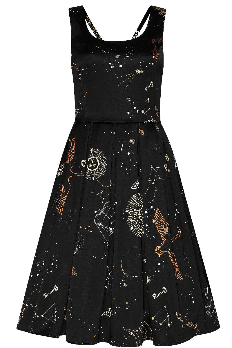 Patricia Classic Flared 1950s Inspired Dress Black Galaxy Print