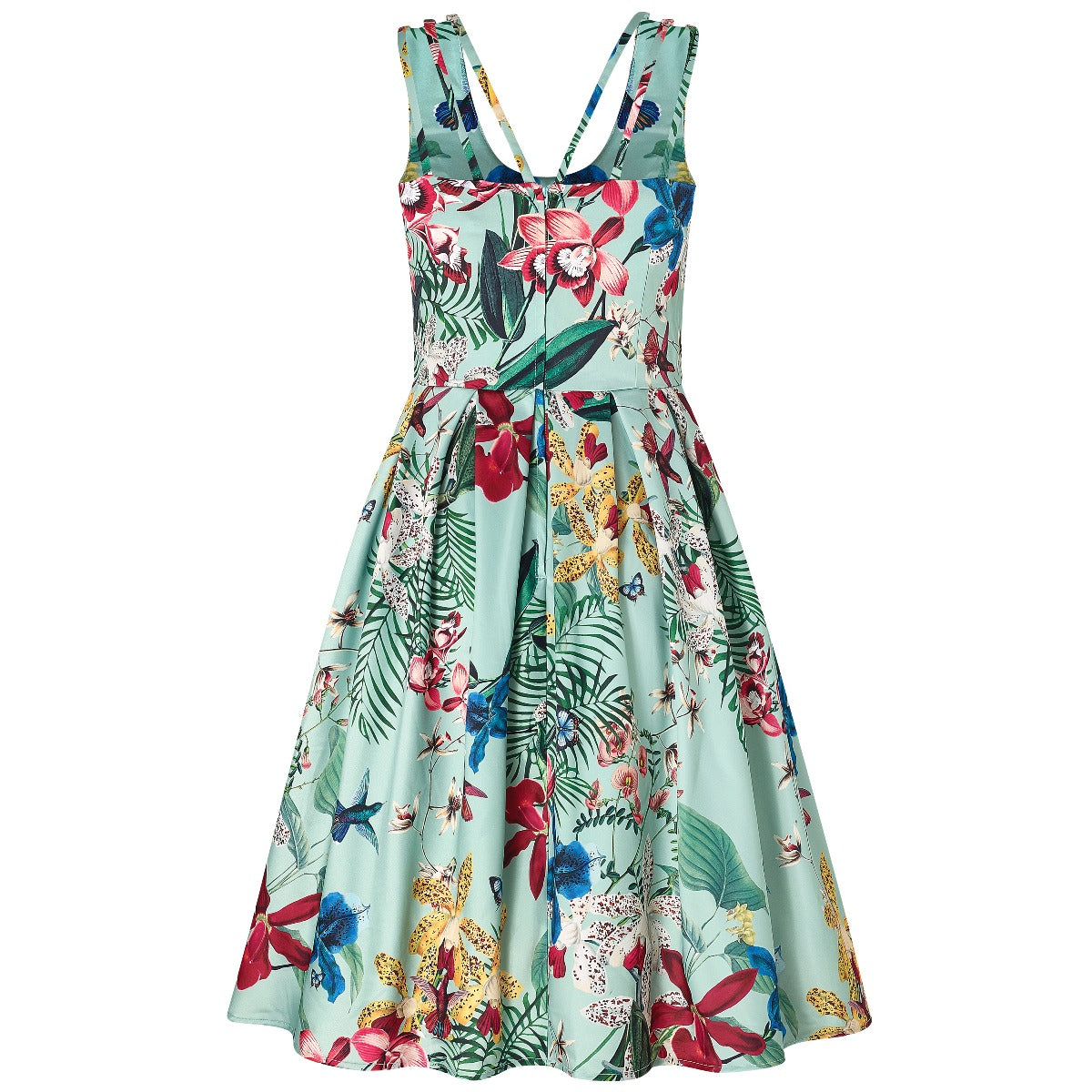 Patricia Strappy Floral Flared Bird Print Dress in Mint Green