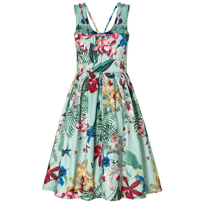 Patricia Strappy Floral Flared Bird Print Dress in Mint Green