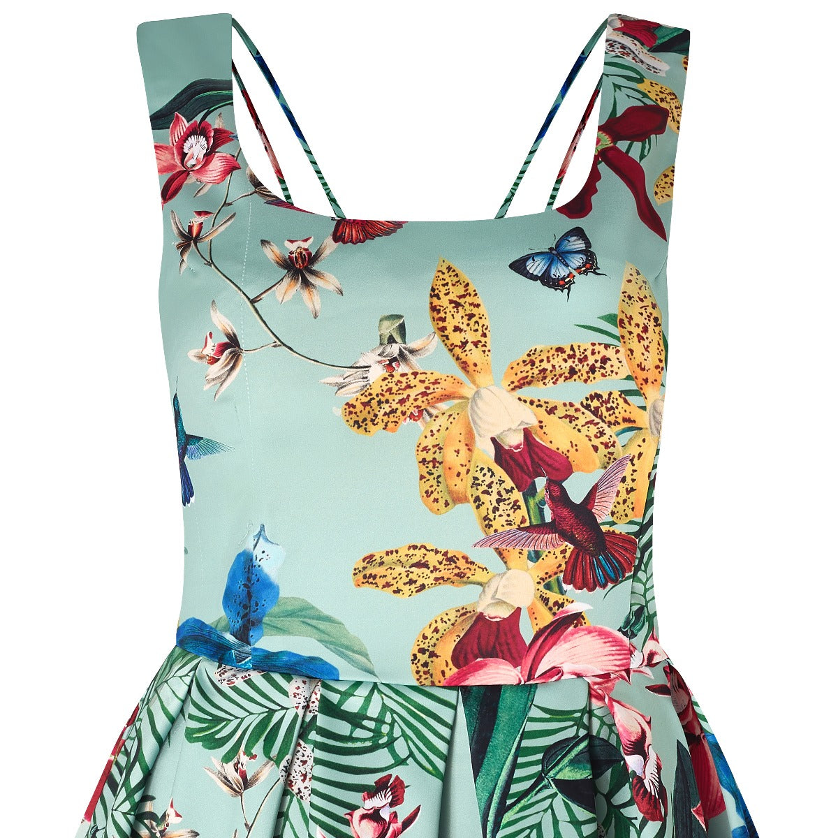 Patricia Strappy Floral Flared Bird Print Dress in Mint Green