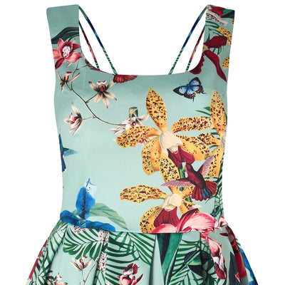 Patricia Strappy Floral Flared Bird Print Dress in Mint Green