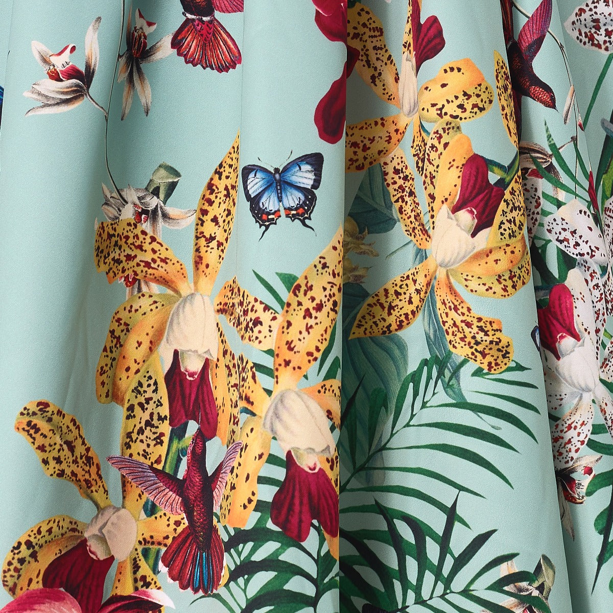 Patricia Strappy Floral Flared Bird Print Dress in Mint Green