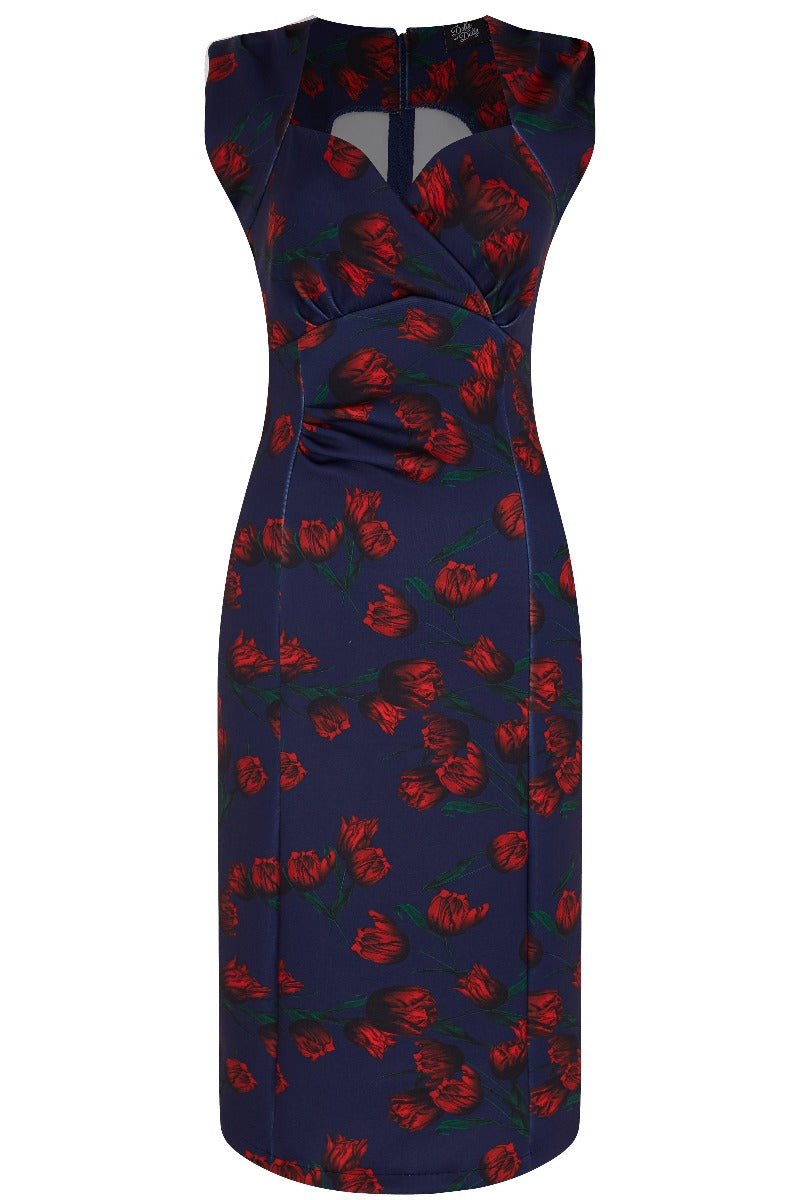 Emma Queen Anne Neckline Wiggle Dress - Navy Blue with Red Tulips