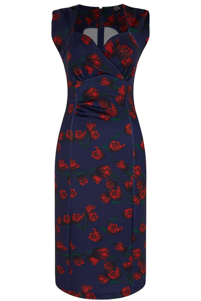 Emma Queen Anne Neckline Wiggle Dress - Navy Blue with Red Tulips