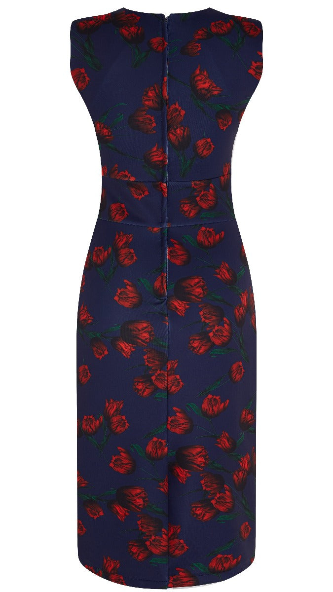 Emma Queen Anne Neckline Wiggle Dress - Navy Blue with Red Tulips