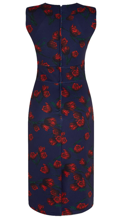 Emma Queen Anne Neckline Wiggle Dress - Navy Blue with Red Tulips