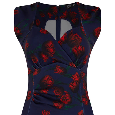 Emma Queen Anne Neckline Wiggle Dress - Navy Blue with Red Tulips