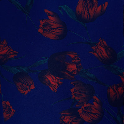 Emma Queen Anne Neckline Wiggle Dress - Navy Blue with Red Tulips