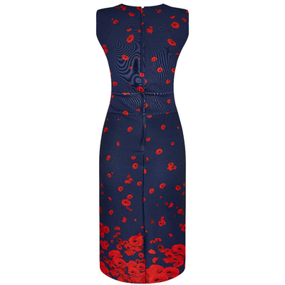 Emma Queen Anne Neckline Wiggle Dress Navy & Poppy Flowers