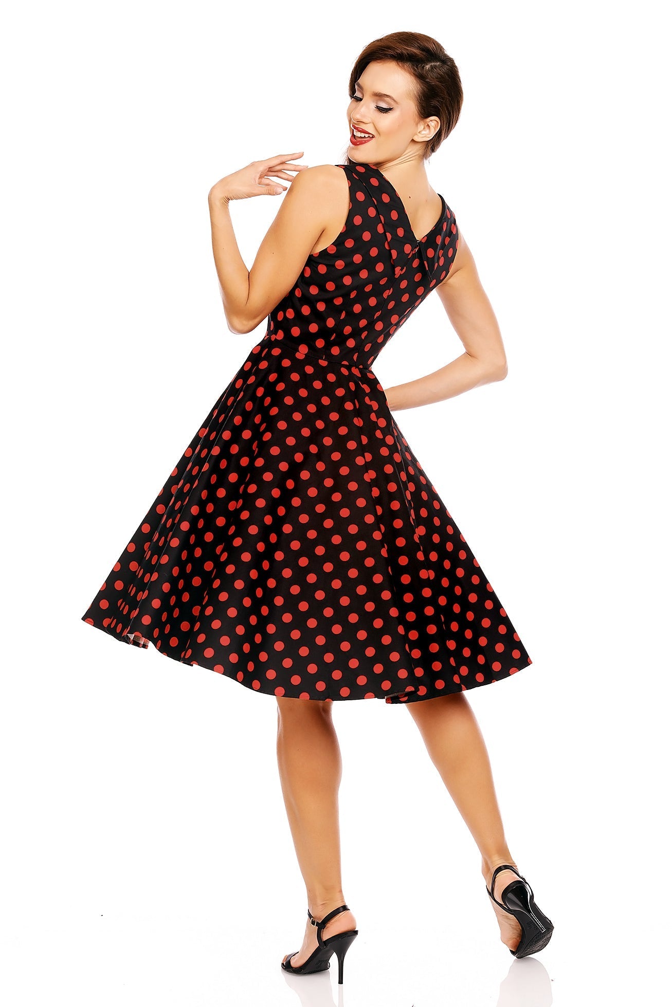 Vintage Glamorous Swing Dress in Black-Red Polka Dots
