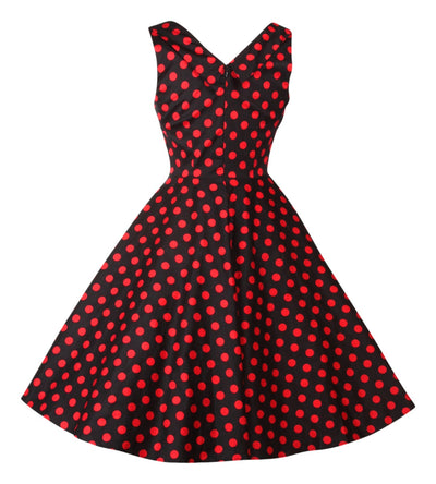 Vintage Glamorous Swing Dress in Black-Red Polka Dots