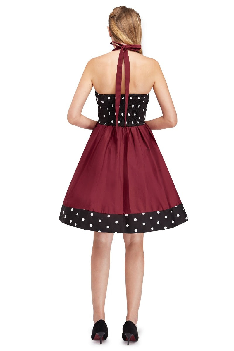 Sophia Rockabilly Halter Neck Swing Dress in Black&Burg-White Dot