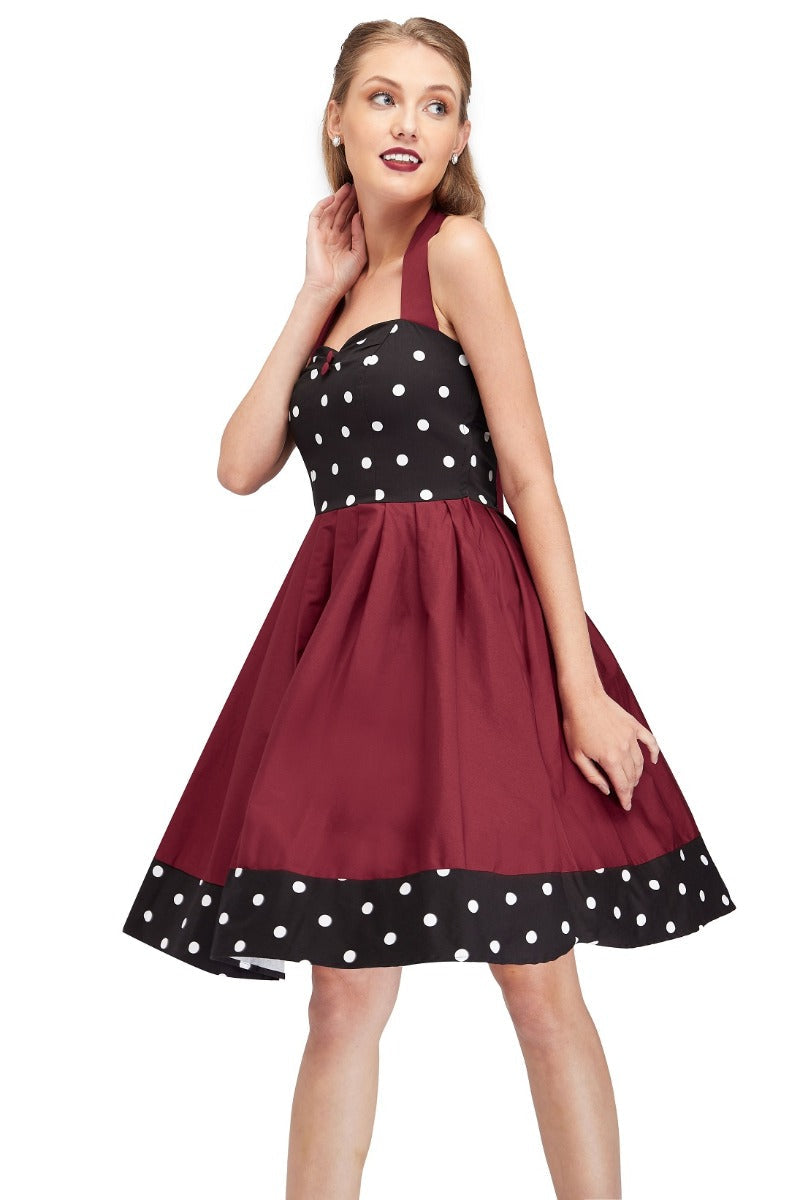 Sophia Rockabilly Halter Neck Swing Dress in Black&Burg-White Dot