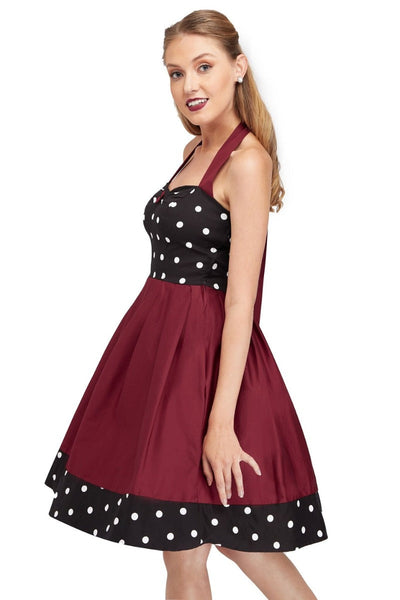 Sophia Rockabilly Halter Neck Swing Dress in Black&Burg-White Dot