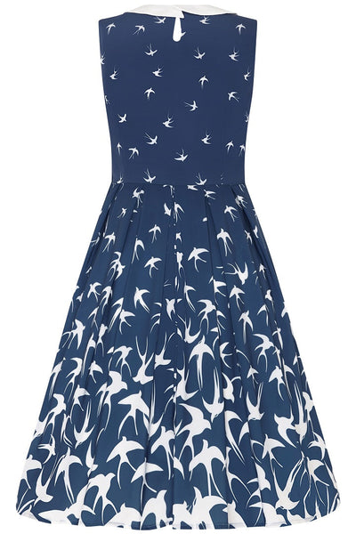 Vintage Inspired Above the Knee Swing Dress in Blue with White Birds Print
