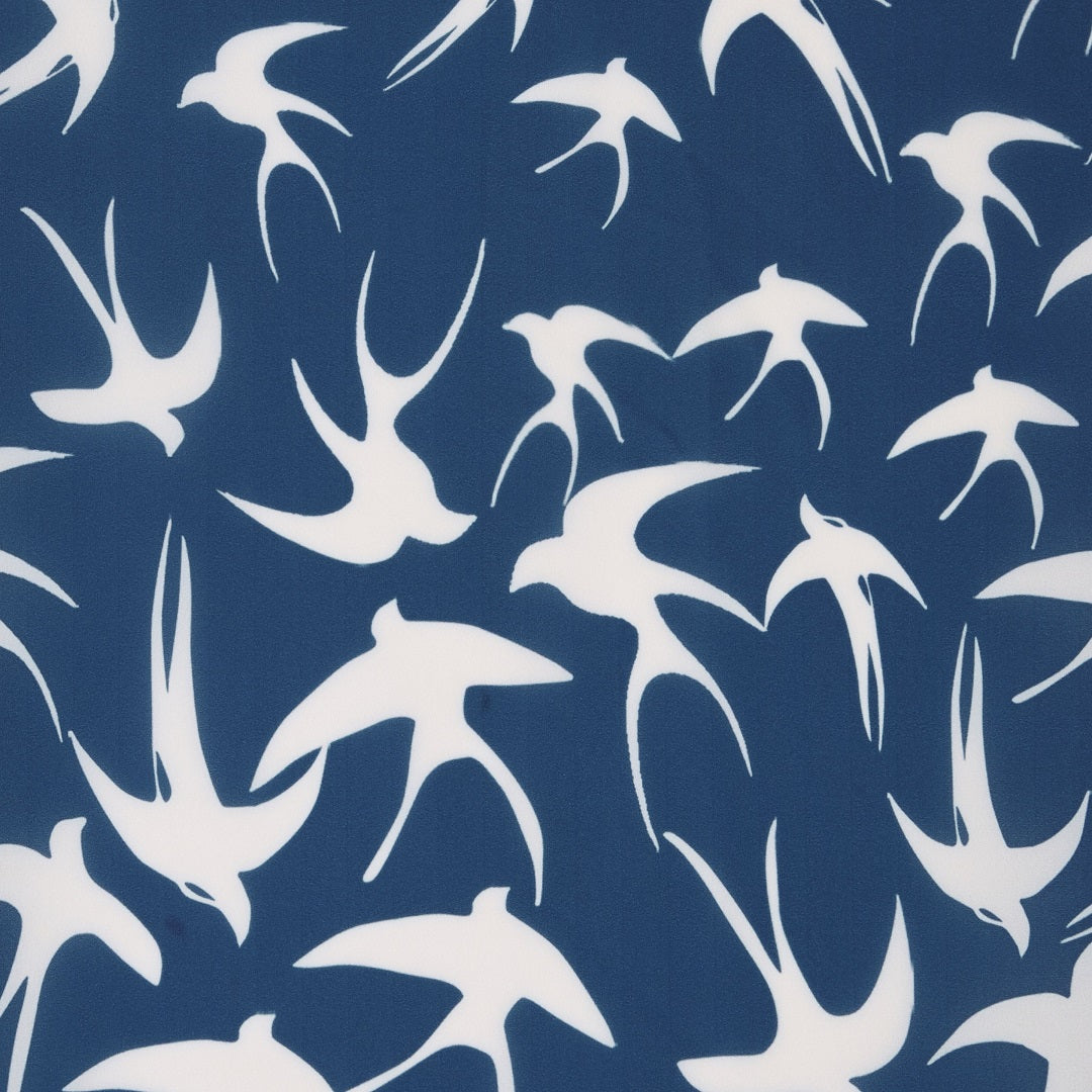 Vintage Inspired Above the Knee Swing Dress in Blue with White Birds Print
