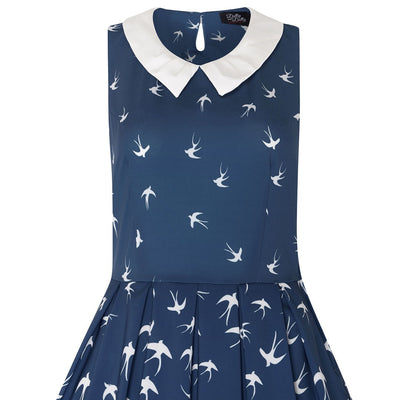 Vintage Inspired Above the Knee Swing Dress in Blue with White Birds Print
