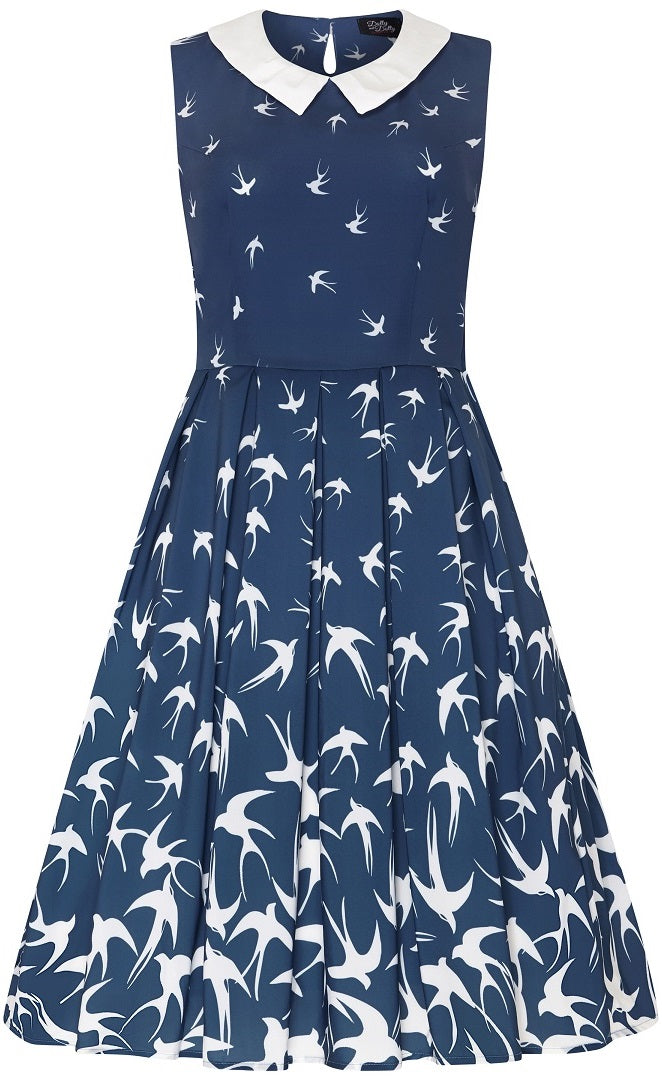 Vintage Inspired Above the Knee Swing Dress in Blue with White Birds Print
