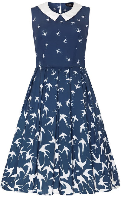 Vintage Inspired Above the Knee Swing Dress in Blue with White Birds Print
