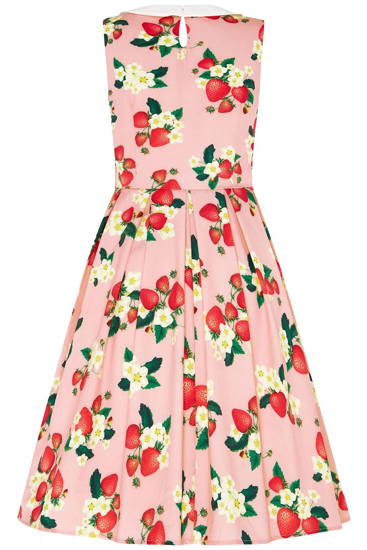 Vintage Inspired Above the Knee Swing Dress in Pink with Strawberry Print
